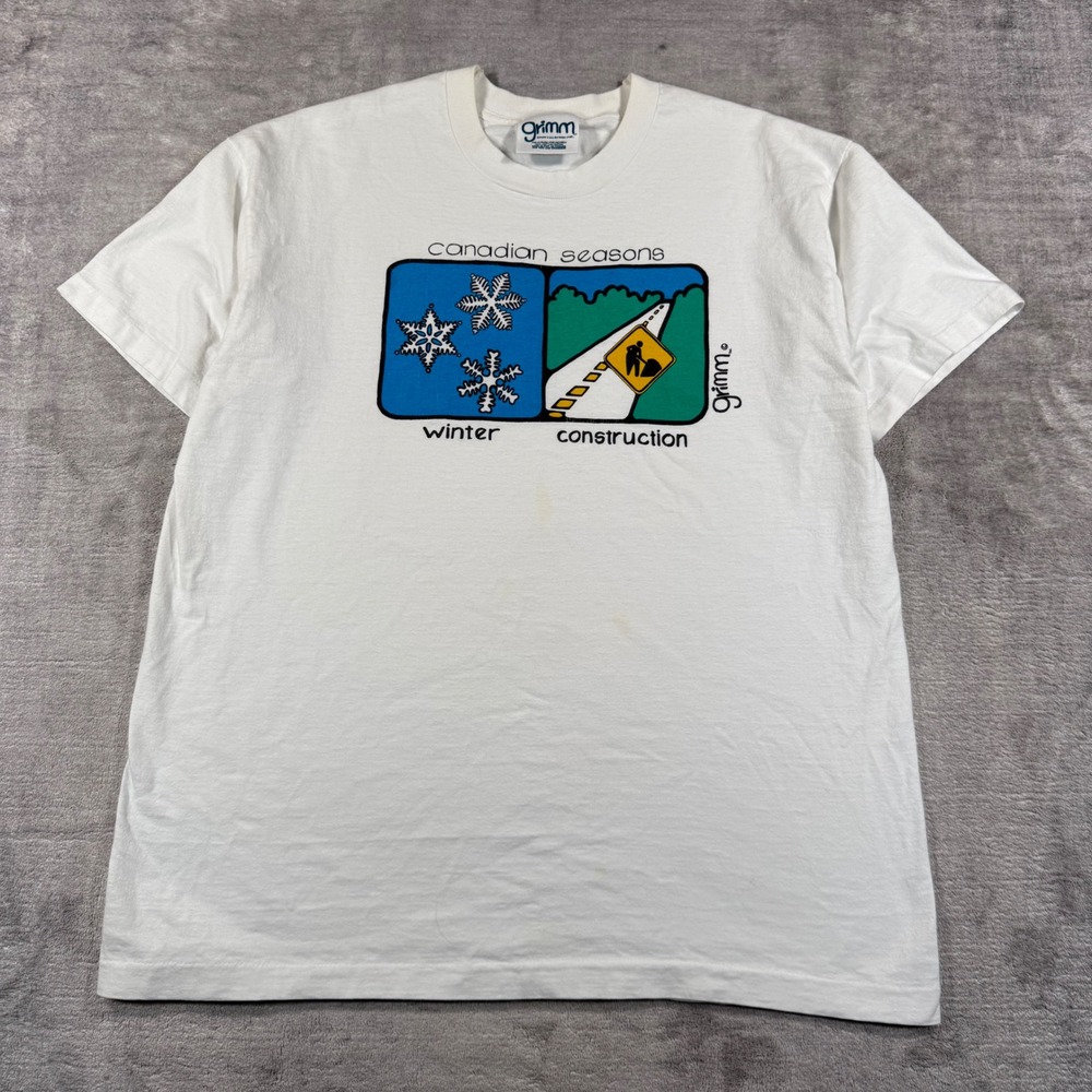 Vtg Construction Shirt Mens Large White Grimm Canadian Seasons Single Stitch